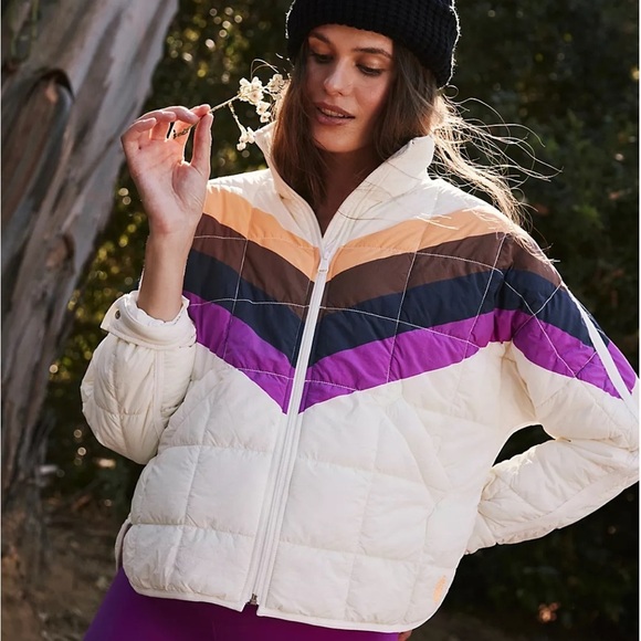 FP Movement x Hatch Printed Puffer Jacket in Ivory Chevron Combo NEW $248 - Picture 1 of 15